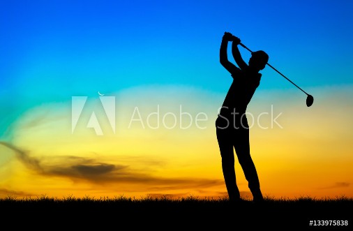 Picture of Silhouette golfer playing golf during beautiful sunset